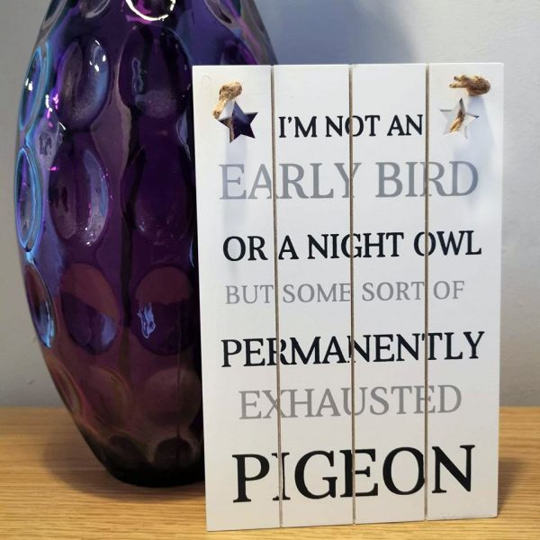 A white painted wooden slated board with cut out stars attached with a jute string with the phrase 'I'm not an early bird or a night owl, but some sort of permanently exhausted pigeon'