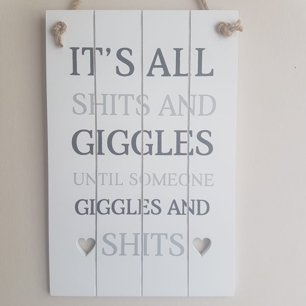 cheeky quote 'It's all shits and giggles until someone giggles and shits' on a white panel style wooden sign with 2 cut out hearts