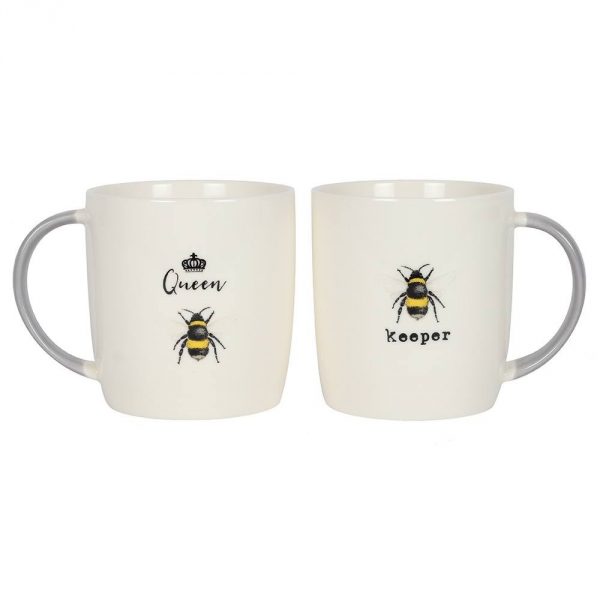 A set of 2 white mugs with a bee image, 1 saying 'Queen Bee' the other 'Bee Keeper'