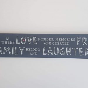 'Home is where love resides, memories are created, friends & family belong and laughter never ends' sign