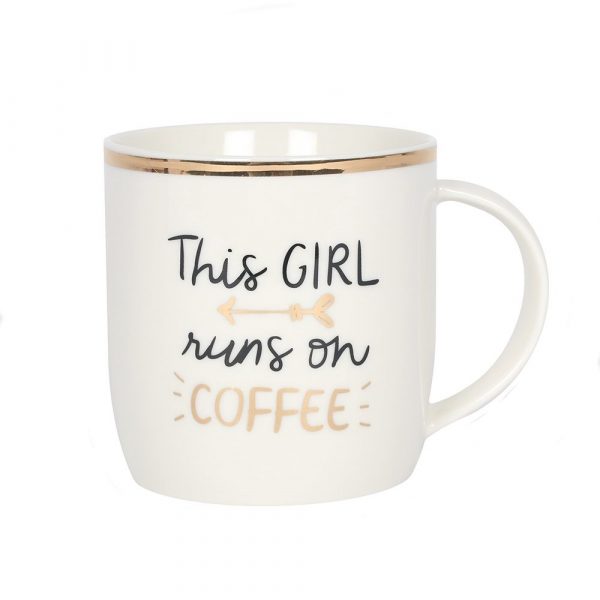 White mug with gold rim and black and gold slogan 'This Girl runs on Coffee'
