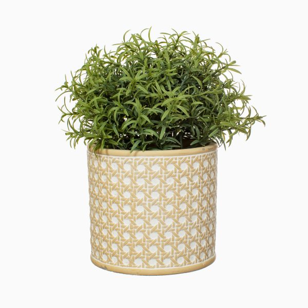 This concrete planter follows the popular Scandi home trend. Featuring a neutral white base and rattan weave casing. Perfect for potting small to medium-sized plants.