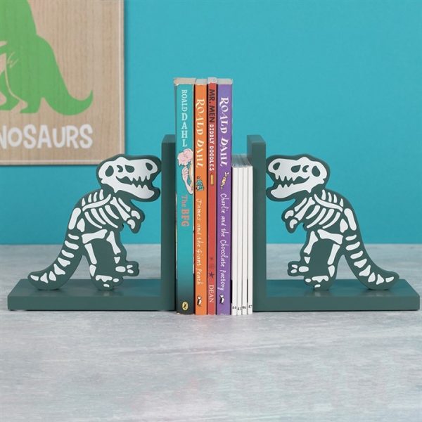 These green bookends feature cute, but ferocious dinosaur bones ready to keep books and other belongings tidy on the shelves of any child's bedroom or play area.