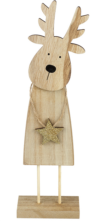 A cute and characterful wooden reindeer decoration with a gold sparkly star. 