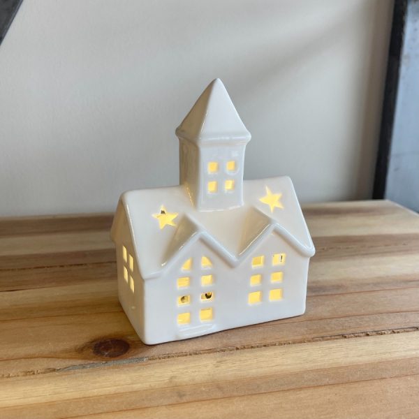 A charmingly simple ornament to bring to your home during the festive period  A white ceramic church decoration with an added warm glowing LED central decal  Comes with 3*LR44 Batteries