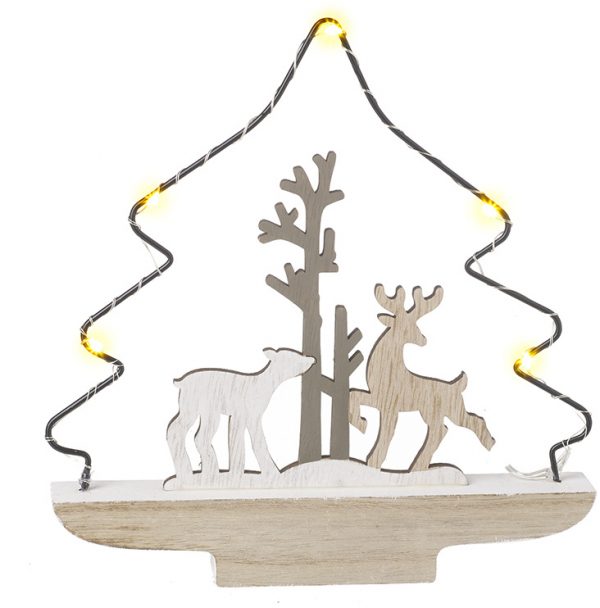 A beautifully simple themed wooden tree decoration complete with a woodland central scene and surrounding LED Lights  A gorgeous accessory to bring to any home during the festive season to provide a warming glow 