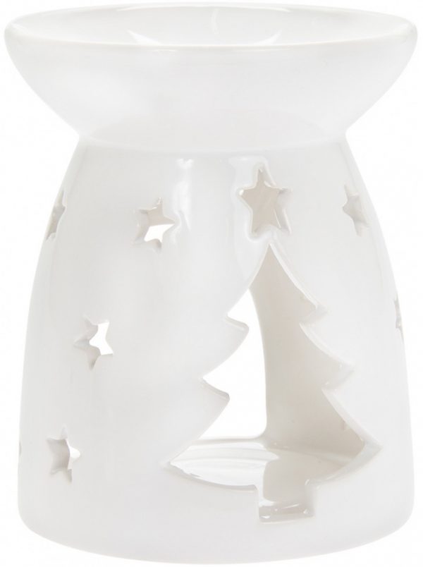 Perfect for bringing a festive aroma and cosy feel to your home at Christmas,  A white toned ceramic based oil burner with a tree cut window and deep dish for maximum oil/wax melting 
