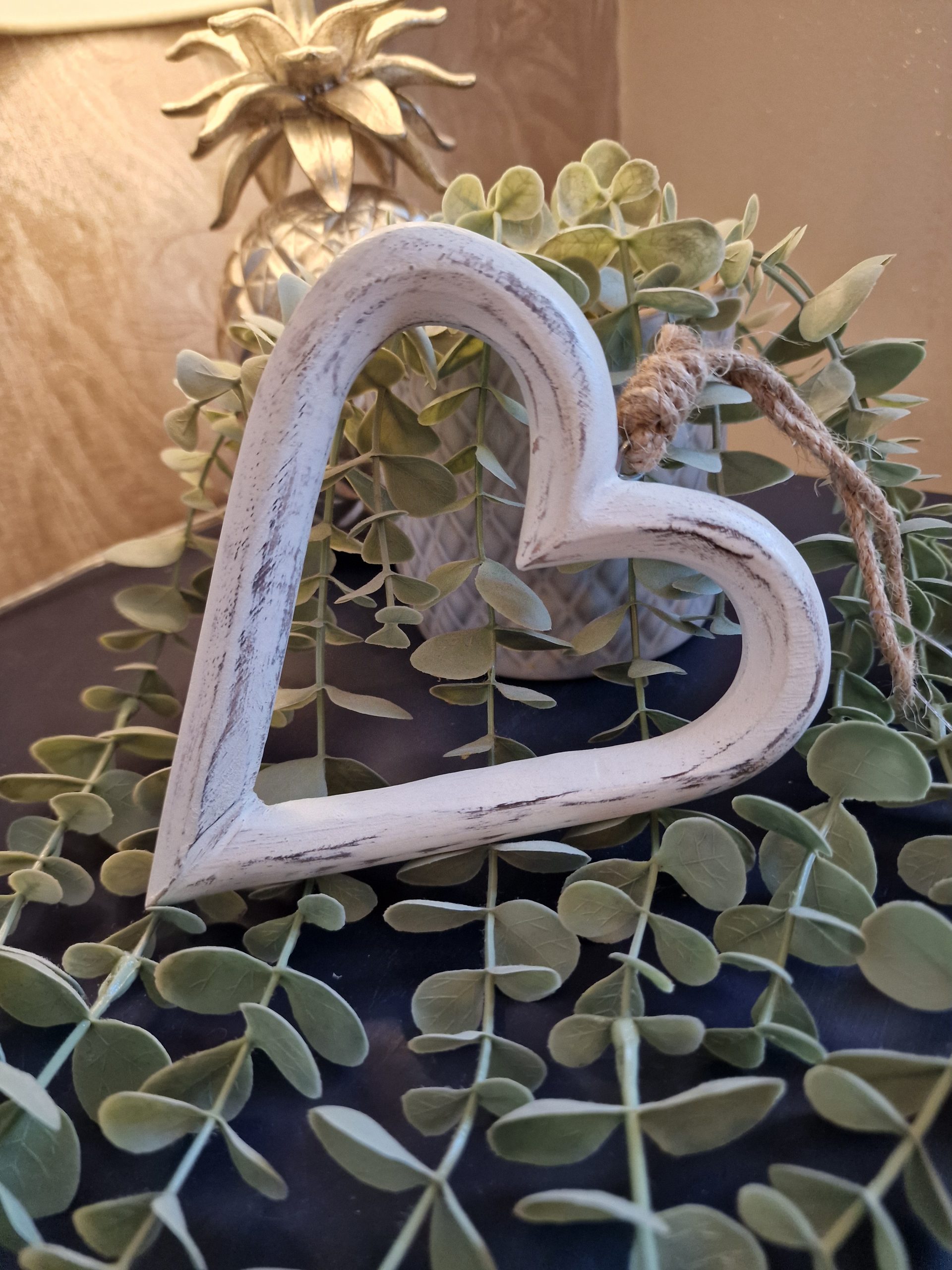 Shabby chic white carved wood open heart